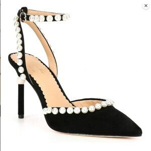 Antonio Melani x Nicola Bathie Bebe Suede Ankle Strap Pearl Pumps Size 8.5
